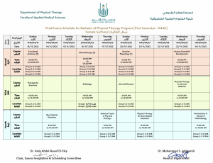 جداول الاختبارات النهائية للفصل الدراسي الأول ١٤٤٤ هـ (قسم العلاج الطبيعي)